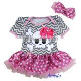 Newborn Baby Gray Chevron Pink Polka Dots Skull Pettiskirt Bodysuit Romper and Headband NB-18M thumbnail-1