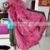 Real Pink Color Fox Fur Parka Wholesale Modern Oversized Fur Trim Coat for Women thumbnail-3