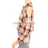 Cold Shoulder Women Plaid Shirt Long Sleeve Fashion Blouses 2015 thumbnail-3