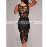 Ladys Sexy Floral Sheer Sleeveless Lace Crop Top and Midi Skirt Set Women Party Dress thumbnail-5