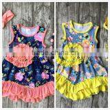 Baby Girls Clothes Kids Wear Summer Coral Yellow Floral Princess Ruffles Dress Cotton Match Accessories Boutique Sleeveless thumbnail-1