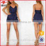 Adjustable Straps Women Short Playsuits in Navy With Ruffle Trim