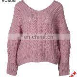 Women Double V-neck Pink Man hand Chunky Knit Sweater