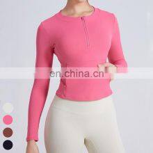 Sexy Breathable Slim Running Clothing Workout Wear Custom Sports Shirt Gym Fitness Top Half Zip Neckline Yoga T Shirt For Women thumbnail-3