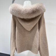 New Sweet Buttery Real Fur Big Fox Fur Collar Autumn and Winter Thick Knitted Sweater Young Fur Coat Cardigan Pull thumbnail-4