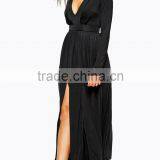 Plain Black Pleated Skirt Long Sleeve Deep v Evening Dress thumbnail-3