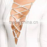 MGOO High Quality Women Long Sleeves Lace Up Bodysuit Low Back Off Plain White V Neck Rib 95% Cotton 5% Spandex thumbnail-3