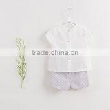 2017 Baby Boy Clothes 2pcs Set White Linen Blouse Chest Pocket Light Purple Grids Shorts thumbnail-2