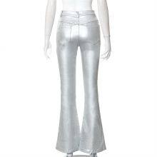 Women Metallic Silver Flare Pant Belted Wide Leg Low Rise Iridescent Flare Jeans thumbnail-4