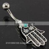 Hamsa Belly Button Silver Navel Ring, w Turquoise, f335