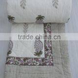 Indian Hand Block Print Pure White Kantha Cotton Quilt thumbnail-1