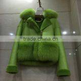 Hot Sale Cool Style Ladies Real Black and Grey Fox Shearing Fur Women Leather Jacket thumbnail-2