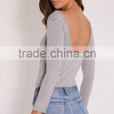 Custom Size One Piece Plain Jumpsuit Long Sleeve Basic Grey Scoop Neck Thong Bodysuit thumbnail-2