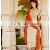 Lovely Maize Color Straight Cut Bottom Cream Embroidery Border Orange Design Designer Semi Stitch Salwar Kameez thumbnail-1