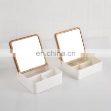 Desktop bamboo makeup organizer storage box with mirror