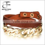 Double Strands Brown Leather Wrap Cuff Bracelet Alloy Wristband Gold Plated