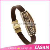 Fashion alloy jewelry bracelet leaf debossed vintage metal magnetic leather bracelet