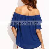 Blouses Latest Fashion Design Women Clothing Royal Blue Pleated Sleeve Off The Shoulder Blouse thumbnail-4