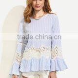 Blouses Latest Fashion Design Women Clothing Blue Striped Hollow Insert Bell Sleeve Blouse thumbnail-6