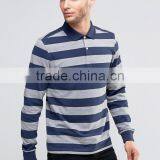 New Design Long Sleeve Button Placket Ribbed Cuffs Blue Stripe Men's 100% Cotton Breathable Pique 200g Blank Casual Polo T-Shirt thumbnail-1