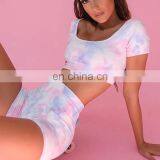 New Fashion Gym Wear Short Sleeve Crop Top And Gym Shorts Set Yoga Sets Fitness Women Colorful Tie Dye Yoga Set Women thumbnail-1