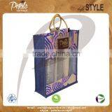 PP Laminated Jute Three Bottle Wine Bag With Wooden Cane Handle thumbnail-2