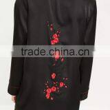 Floral Embroidered Bridal Shirt Sleepwear Black Satin Sleep Shirt Piping Button Longline Shirt Pyjamas With Curved Hem thumbnail-4