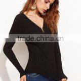 Black V Neck Zipper Ribbed Sweater Cotton Polyester Long Sleeve Pullovers Tight Sweater thumbnail-4
