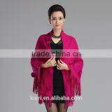 High Quality Beige Female Cashmere Shawl Rabbit Fur Pashmina Triangle Scarf Tassels Wrap thumbnail-2