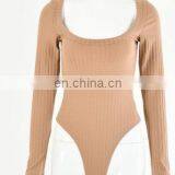 INS Hot Selling Ribbed Long Sleeve Deep Round Neck Bodysuits for Women thumbnail-3