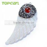 Topearl Jewelry Angel Wing White Shell Pendant Rhinestones Clay Pave Red Agate Stone Pendant for Women SPD04