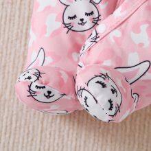 3pcs Newborn Baby's Solid Color/Cartoon Rabbit Print Long Sleeve Footie, Toddler & Infant Girl's Comfy Footed Romper For Spring Fall thumbnail-5