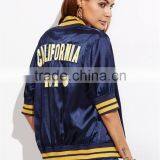 Women Custom Back Embroideried Zip Up Coat Striped Half Sleeve Satin Bomber Jacket Navy Blue thumbnail-3