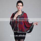 5 Colors New Short Knit Luxury Natural Rabbit Fur Trim Shawl Capes Mixed Color Coat Overcoat for Women Cashmere Pashmina Wraps thumbnail-4