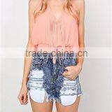 Summer women latest fashion Pink V-neck woven top- SYK15263