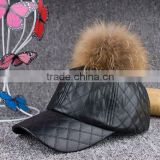 High quality PU leather baseball cap with raccoon fur ball black color KZ160072