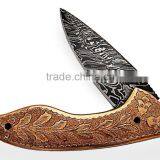 A HANDMADE ENGRAVED PURE COPPER HANDLE, DAMASCUS STEEL LINER LOCK FOLDING KNIFE thumbnail-1