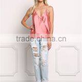 MGOO Foshan Factory Made Pink Satin Cami Sleeveless Strap Girls V Neck Summer Tops Women Blouses thumbnail-3