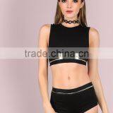 Metallic Trim Back Cut Hole Crop Tank & Body Shorts Set Black 100 Cotton Scoop Neck Sportswear Crop Tops With Pants Custom thumbnail-6