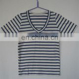 2016 girls/ladies v neck blue stripes 100% cotton short sleeve t shirts