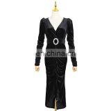 TWOTWINSTYLE Elegant Dresses For Women V Neck Long Sleeve High Waist With Belt Slimming Ruched Patchwork thumbnail-6