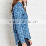 2015 Custom Women's Blue Plaid Long Sleeve 100% Cotton Flannel Shirt thumbnail-3