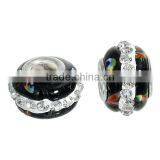 Lampwork Glass European Style Large Hole Charm Beads Round Silver Plated Core Black Clear Rhinestone thumbnail-3