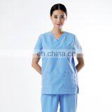 V-neck 3 Pocket Blue Polyester Cotton oem Medical Scrub Suits