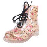 Floral Woman Lace up Martin Boots PVC Low Heel Ankle Rain Boots thumbnail-2