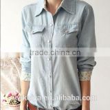 2014 new design denim Long sleeve two chest pocket summer casual women blouse