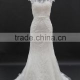 Sexy see through back cap sleeve two layer lace trumpt bridal wedding dress