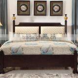 Chinese Style Bedroom Furniture Solid Wood Double Bed With Fabric Upholstered Bedboard thumbnail-1