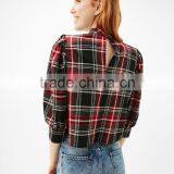 2017 AW New Collection Back Neck Design Plaid Women Top Blouses in Red Color of Clothing Factory thumbnail-3