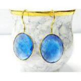 Swiss Blue Topaz Hydro Bezel Setting 17*20mm Oval Silver Gold Plated Earring thumbnail-3